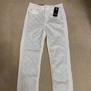 Guess White Satin Rhinestones High Rise Pants Size 24